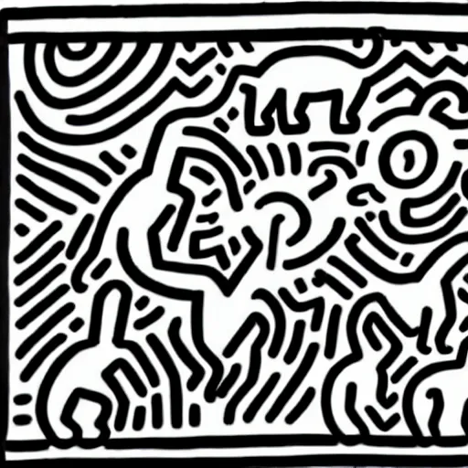 Prompt: keith haring's painting with cats. black and white, vector, svg.