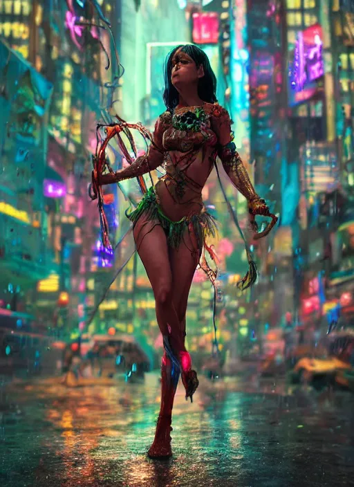 Image similar to An epic fantasy comic book style full body portrait painting of a very beautiful cyberpunk Hula Dancer in the rain, neon reflections in the rain puddles, character design by Mark Ryden and Pixar and Hayao Miyazaki, unreal 5, DAZ, hyperrealistic, octane render, cosplay, RPG portrait, dynamic lighting, intricate detail, cinematic