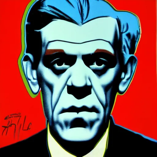 Image similar to boris karloff silk screen portrait by andy warhol, butcher billy style