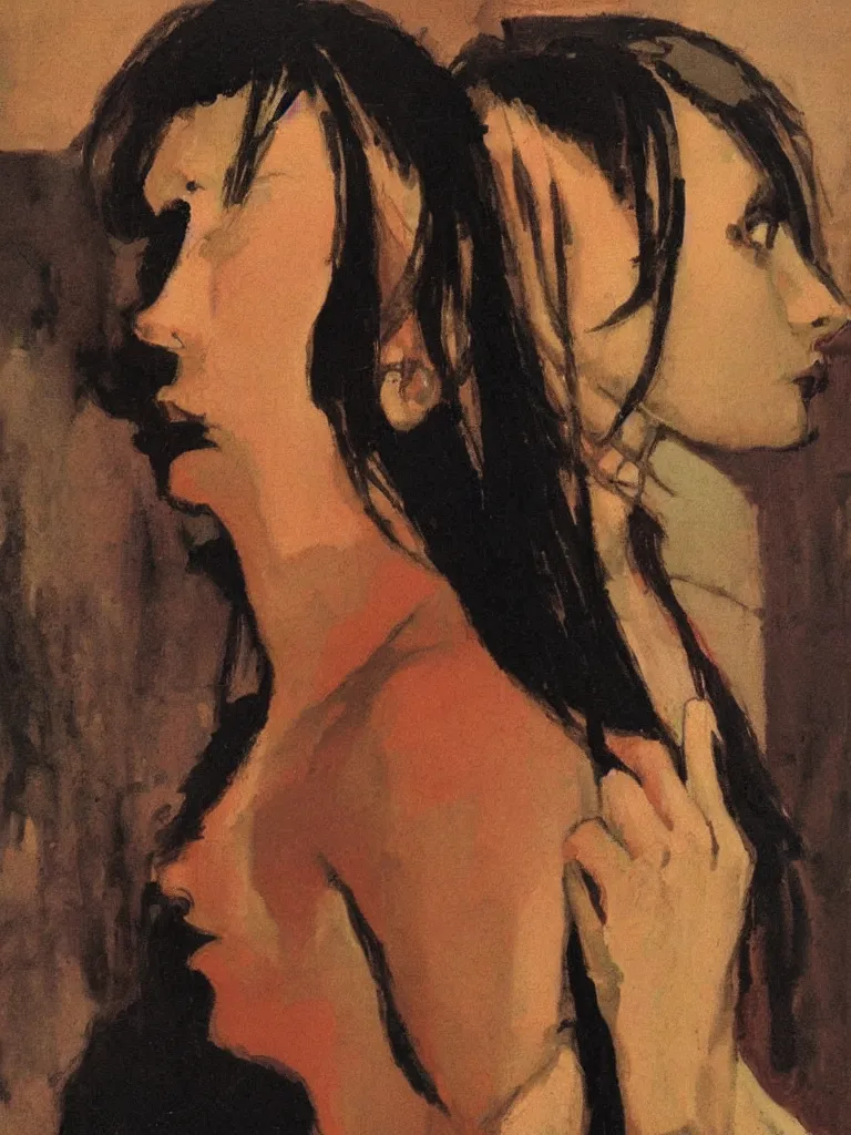 Image similar to portrait profile of one mysterious dark beautiful women in 1 9 7 8, oil painting by john watkiss