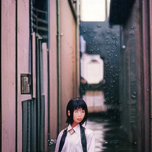 Image similar to 1990s perfect 8K HD professional cinematic photo of close-up japanese schoolgirl posing in sci-fi dystopian alleyway at morning during rain, at instagram, Behance, Adobe Lightroom, with instagram filters, depth of field, taken with polaroid kodak portra