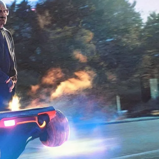 Image similar to Wide angle photo of walter white on a hoverboard with an exploding car behind him, color, cinematic lighting