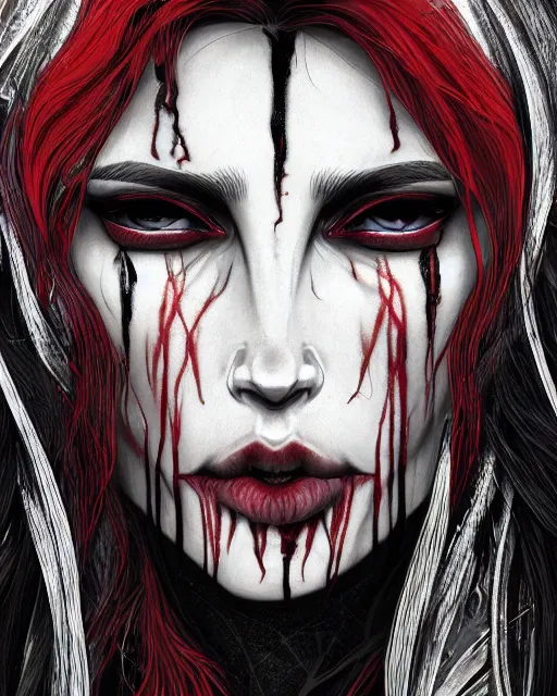 Image similar to brutal close up portrait intense vampire, flowing hair, highly detailed, very intricate, graphical errors, going gpu, art deco, chromatic aberration, harsh lighting, award - winning, unreal engine 5, illustration by mandy jurgens and alphonse mucha and yoji shinkawa, black and red only!!!, featured on artstation