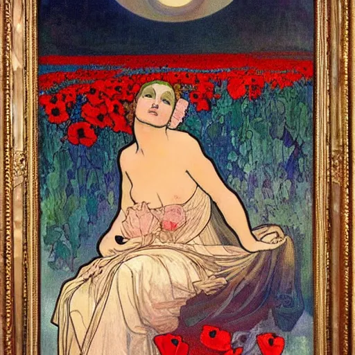 Prompt: a masterpiece painting by alfons mucha exposed at the louvre : black cat taking the sun in a poppy field with a red sunset in the background