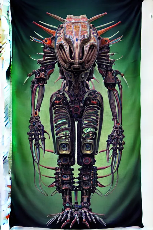 Image similar to a centered uncut fullbody frontview portrait of a robotic predator headed biomechanical creature by clogtwo and subjekt zero feat paul lewin and ø - cult. intricate detailed sharp clean textured very ornated. indian style tapestry design. hd. 4 k. lowbrow color palette