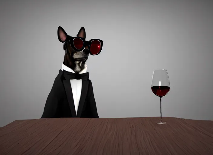 Prompt: a portait picture of a dog wearing a formal suit and a sunglasses near a table with a cup of wine, concept art, octane render, unreal engine 5, 4K, symmetrical, low contrast, serene landscape, calm, relaxing, high quality, highly detailed, high coherence, path tracing, natural light, trending on DeviantArt