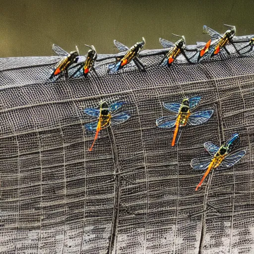 Image similar to a horde of dragonflies using cables to lift a tank