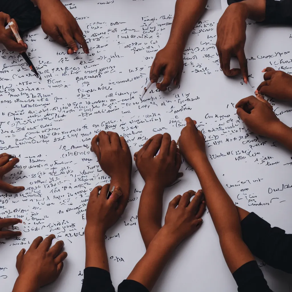 Prompt: Hands of men, black, asian, indian, women, children writing on a sheet of paper, close-up, corporate portrait, sigman 85mm, f 1/4