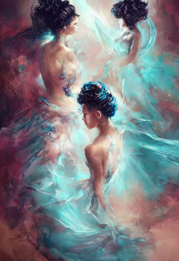 Prompt: full body portrait of a duo of 1 9 years old girl figures, curly messy high bun hairstyle, oriental tattoos, jewelry, subject wearing a high fashion gown, flowing, beautiful, dramatic, cinematic lighting, highly detailed, few vivid turquoise highlights, by ross tran and jeremy mann, artstation, pixiv, oil on canvas