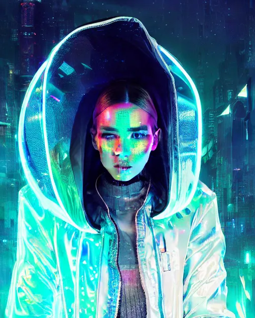 Image similar to detailed portrait of European Pretty Young Girl Sheen Holographic Jacket coat, Futuristic sci-fi fashion, royal attire cyberpunk, neotokyo, synthwave, aesthetics, futuristic, low-emission-neon, bladerunner movie scene by ismail inceoglu dragan bibin hans thoma greg rutkowski Alexandros Pyromallis Nekro Rene Margitte illustrated Perfect face, fine details, realistic shaded, fine-face, pretty face sharp chine