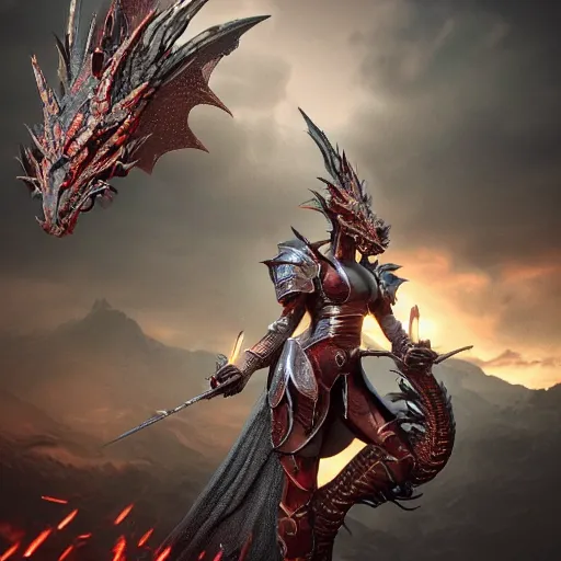 Image similar to highly stunning shot of a beautiful anthropomorphic female knight but as a hot dragon, doing a majestic pose, well detailed female dragon head, armor made of steel, sharp claws, HD octane render, epic cinematography, fantasy, Artstation, Deviantart, Furaffinity