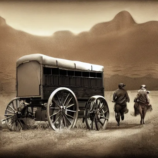 Prompt: a monochromatic sepia photograph of a delorean time machine traveling with covered wagons and pioneers on the oregon trail, trending on art station,