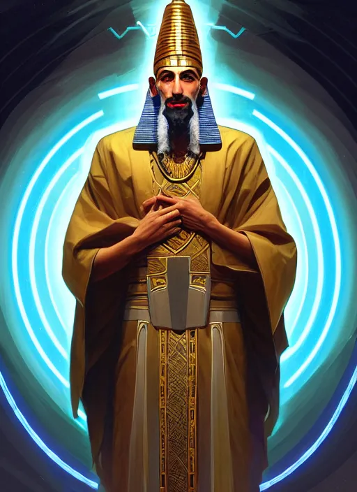 Image similar to symmetry!! portrait of ancient pharaoh as a jewish rabbi wearing traditional attire, sci - fi, tech wear, glowing lights!! intricate, elegant, highly detailed, digital painting, artstation, concept art, smooth, sharp focus, illustration, art by artgerm and greg rutkowski and alphonse mucha