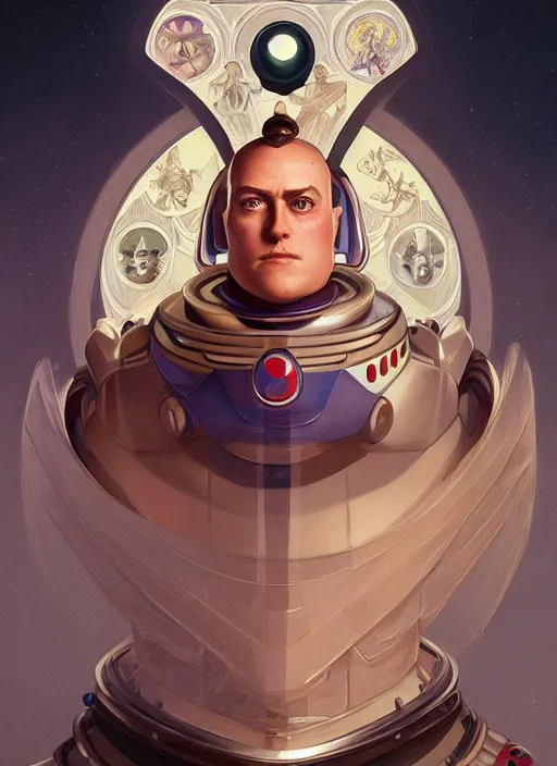 Image similar to symmetry!! portrait of buzz lightyear, fantasy, medieval wear, intricate, elegant, highly detailed, digital painting, artstation, concept art, smooth, sharp focus, illustration, art by artgerm and greg rutkowski and alphonse mucha