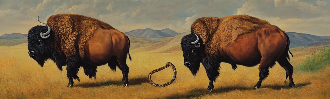 Prompt: western themed painting of fear of bison with snakes for legs