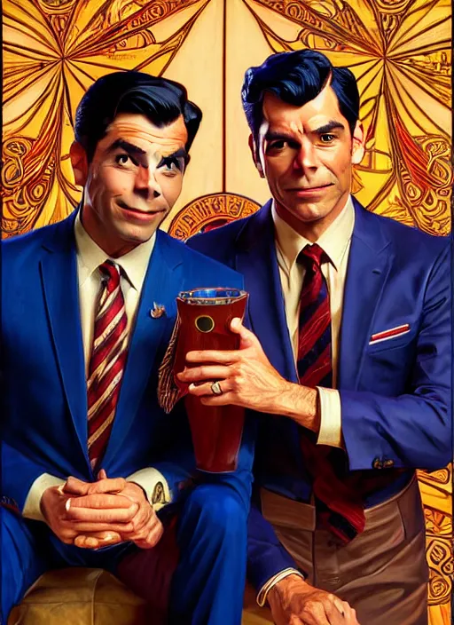 Prompt: oil portrait of archie andrews and hiram lodge, intricate, elegant, highly detailed, lighting, painting, artstation, smooth, illustration, art by greg rutowski and alphonse mucha