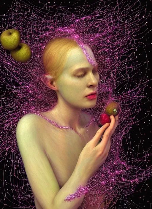 Prompt: hyper detailed 3d render like a Oil painting - Aurora (Singer) Eats of the Strangling Fruit and Her delicate Hands hold of gossamer polyp blossoms bring iridescent fungal flowers whose spores black the foolish stars by Jacek Yerka, Mariusz Lewandowski, Houdini algorithmic generative render, Abstract brush strokes, Masterpiece, Edward Hopper and James Gilleard, Zdzislaw Beksinski, Mark Ryden, Wolfgang Lettl, hints of Yayoi Kasuma, octane render, unreal engine 5 render, 8k