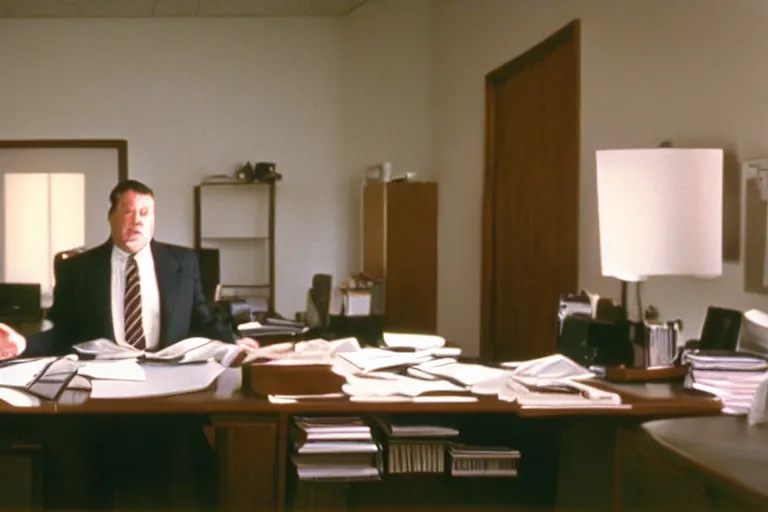 Image similar to cinematic film still from 1994 film: portly clean-shaven white man wearing suit and necktie at his desk, holding his left up in the air, XF IQ4, f/1.4, ISO 200, 1/160s, 8K, RAW, dramatic lighting, symmetrical balance, in-frame