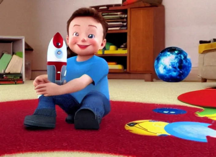 Prompt: elon musk as a toddler playing wirh his space rockets on a fluffy carpet, pixar, cinematic lighting