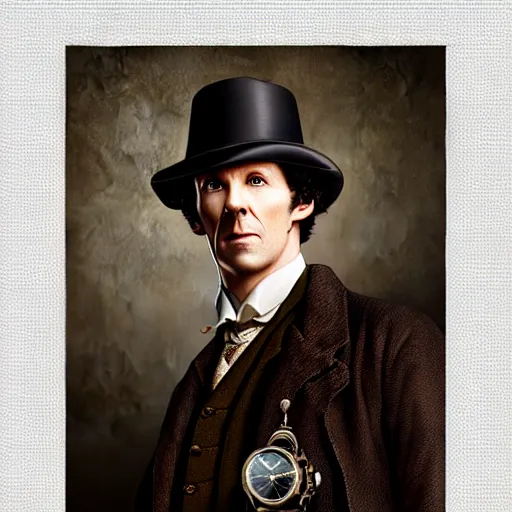 Image similar to portrait of sherlock holmes wearing a steampunk mechanical monacle, matte painting, 4 k, ultra detailed