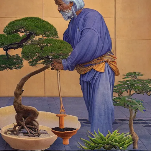 Image similar to Muscular African gardener cutting bonsai trees, grey Hair, idyllic Garden, by Annie Swynnerton and Nicholas Roerich and jean delville, glowing paper lanterns, strong dramatic cinematic lighting , ornate tiled architecture, lost civilizations, smooth, sharp focus, extremely detailed