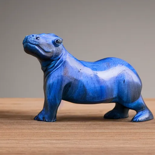 Image similar to a small smooth hippo statue carved from natural wood, dipped in polished blue resin, half and half, mixed media, side view