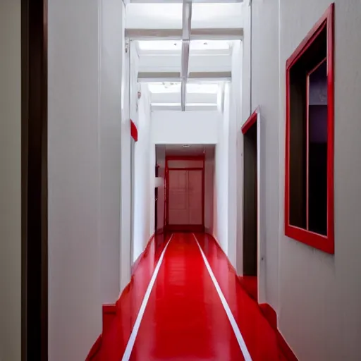 Image similar to an all white hotel hallways with a red door at the end, liminal space,