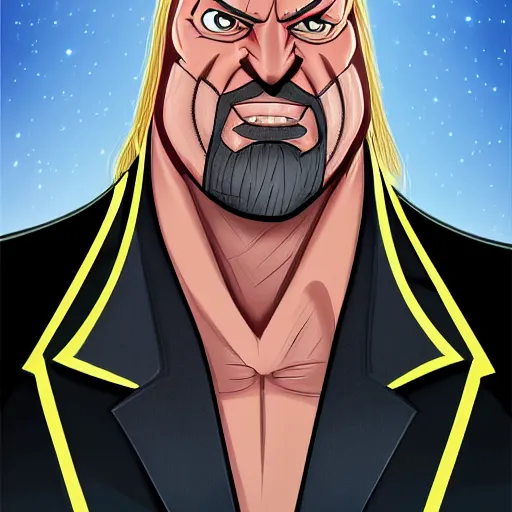 Image similar to Head-to-shoulder shot of Triple H as a Disney villain, Disney, Triple H, wrestling, WWE, Disney style, 2d, Disney 2d animation, digital 2D animation, traditional animation, Disney style, Disney animation, Deviantart, very coherent symmetrical artwork, heroic look, artstation, villain, brightly colored