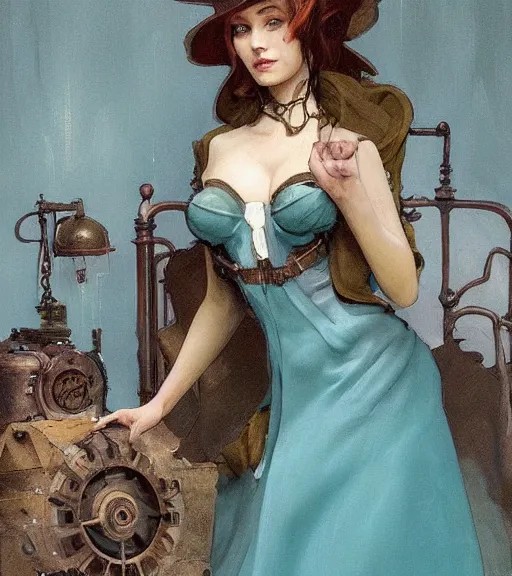 Prompt: woman model, steampunk clothes, neutral colors, cyan light, in a bedroom!!!!!!!!!!!!!!!!!!!!, elegant, highly detailed, digital painting, artstation, concept art, smooth, sharp focus, illustration, art by krenz cushart and artem demura and alphonse mucha