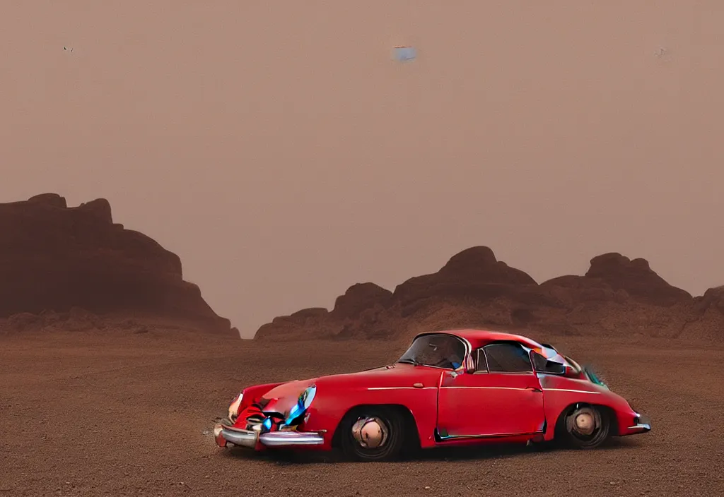 Prompt: “a singular red porsche 356 is parked in the middle of the desert, a matte painting by Scarlett Hooft Graafland, featured on unsplash, australian tonalism, anamorphic lens flare, cinematic lighting, rendered in unreal engine”