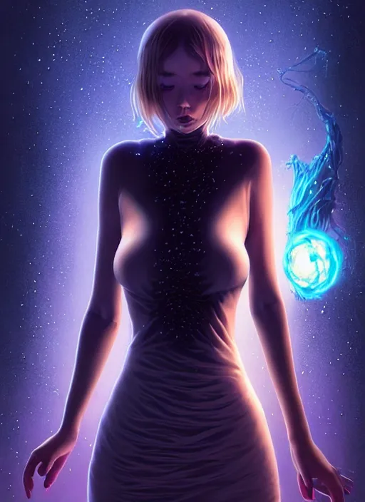 Prompt: azathoth girl wearing a dress made of milky way, full body, occlusion shadow, specular reflection, rim light, unreal engine, artgerm, artstation, art by hiroaki samura and ilya kuvshinov and ossdraws, intricate, highly detailed 8 k, fantasy illustration, extremely beautiful and aesthetic shape of face and body