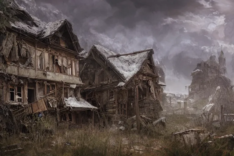 Prompt: dramatic photo of an abandoned village in the Russian outback, highly detailed, digital painting, artstation, concept art, smooth, sharp focus, illustration, art by tian zi and WLOP and alphonse mucha