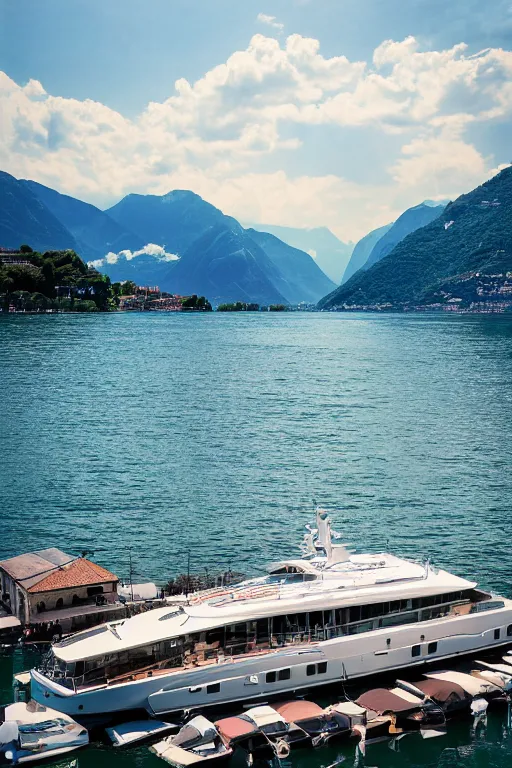 Image similar to Photo of a Riva Aquarama docked in Lake Como, with Lake Como in the background, wide shot, daylight, blue sky, summer, dramatic lighting, award winning, highly detailed, 1980s, luxury lifestyle, fine art print, best selling.