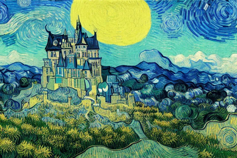 Image similar to retro - futurism anime castle on a mountain in clouds with lots of details look from above rule of thirds golden ratio, fake detail, painted by van gogh