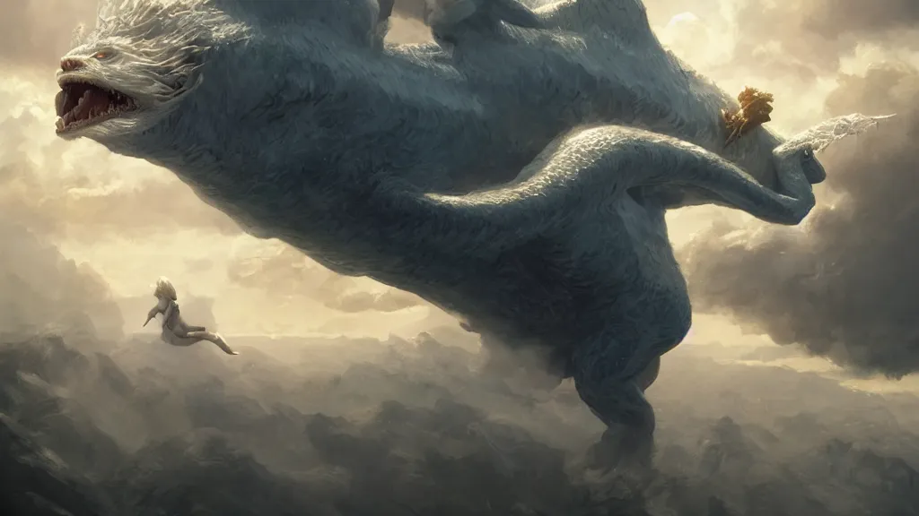 Image similar to falkor the luck dragon flying through the nothing. the neverending story movie. greg rutkowski. sunlit undertones. artstation. 3 8 4 0. 2 1 6 0.