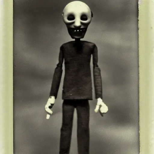 Prompt: alive, creepy marionette puppet, clockwork horror, pediophobia, lost photograph,, dark, forgotten, final photo found before disaster, polaroid,