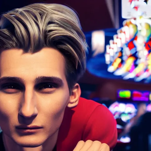 Image similar to a high quality photo of handsome gigachad XQC gambling, photorealism, 8k, artstation