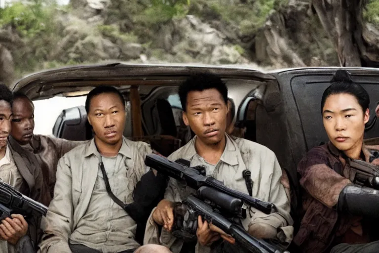 Image similar to movie diverse interracial team of Japanese robbers armed with rifles interior van, beautiful skin, Symmetrical faces. natural lighting by Emmanuel Lubezki