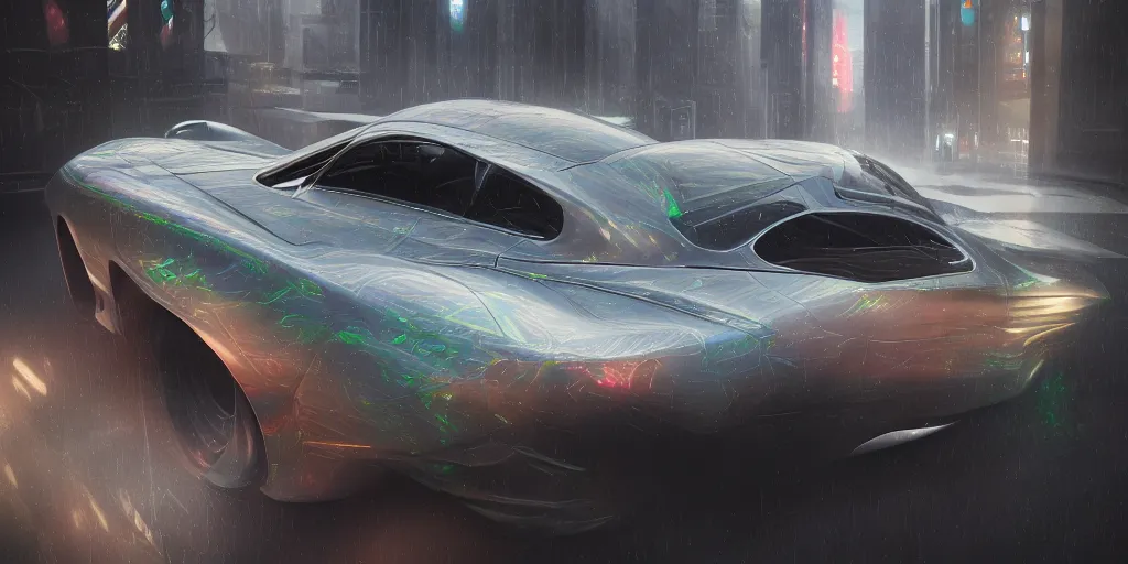 Image similar to full view of a car, painted in silver rainbow holographic pearlescent, elegant, digital painting, concept art, smooth, sharp focus, art style from Wang Ke and Greg Rutkowski and Bruce Kaiser and Scott Robertson and Dmitry Mazurkevich and Doruk Erdem and Jon Sibal, small style cue from Blade Runner