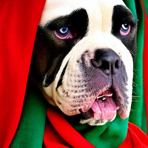 Image similar to portrait of american bulldog as afghan girl, green eyes and red scarf looking intently, photograph by steve mccurry, national geographic