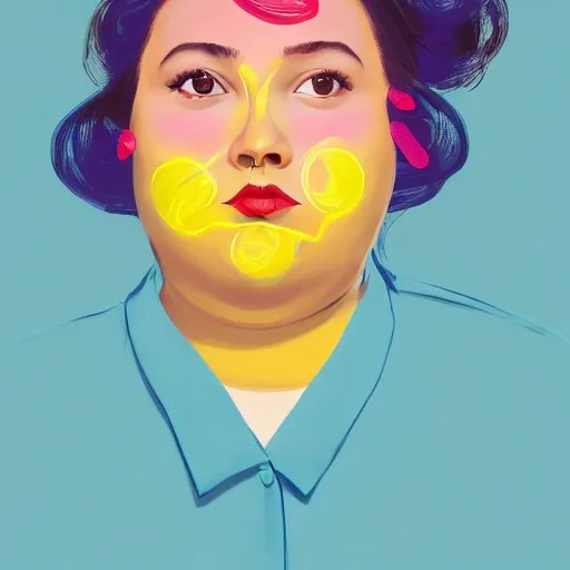 Prompt: colorful and festive cute female young plus size female todd solondz with tan skin, clear sharp female todd solondz face, wearing yellow floral blouse. fat full body, rich vivid pastel colors, ambient lighting, dynamic lighting, 4 k, atmospheric lighting, painted, intricate, highly detailed by charlie bowater