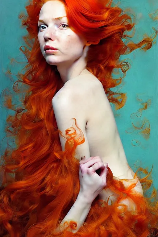 Image similar to hyper realistic painting portrait of a redhead girl with flowing curls and closed eyes, orange subject and turquoise background, hyper detailed face by stjepan sejic, by norman rockwell, by michael hussar, by roberto ferri, by ruan jia, textured turquoise background