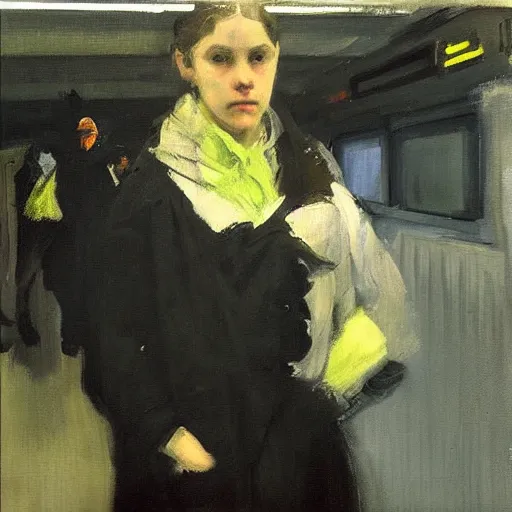 Image similar to “ a girl in the new york city subway, oil painting, by george bellows ”