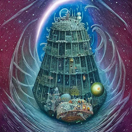 Image similar to a utopian city resting on the tongue of yog-soggoth as he slumbers curled around a BlackHole in outer space by Daniel Merriam-W 1216