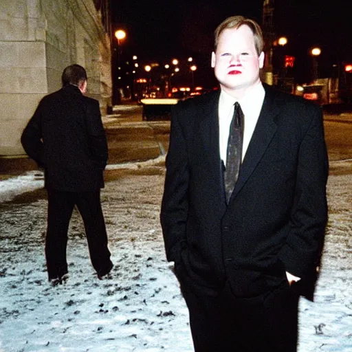 Image similar to 1 9 9 8 andy richter wearing a black suit and necktie standing on the streets of chicago at night in winter.