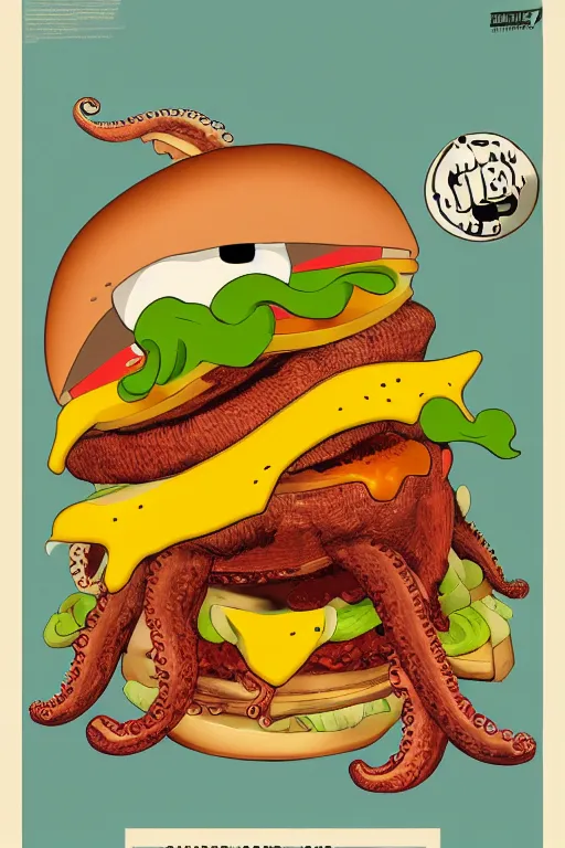 Image similar to illustration of a cheeseburger as an octopus, poster, highly detailed, 8 k, fine lines, trending on artstation