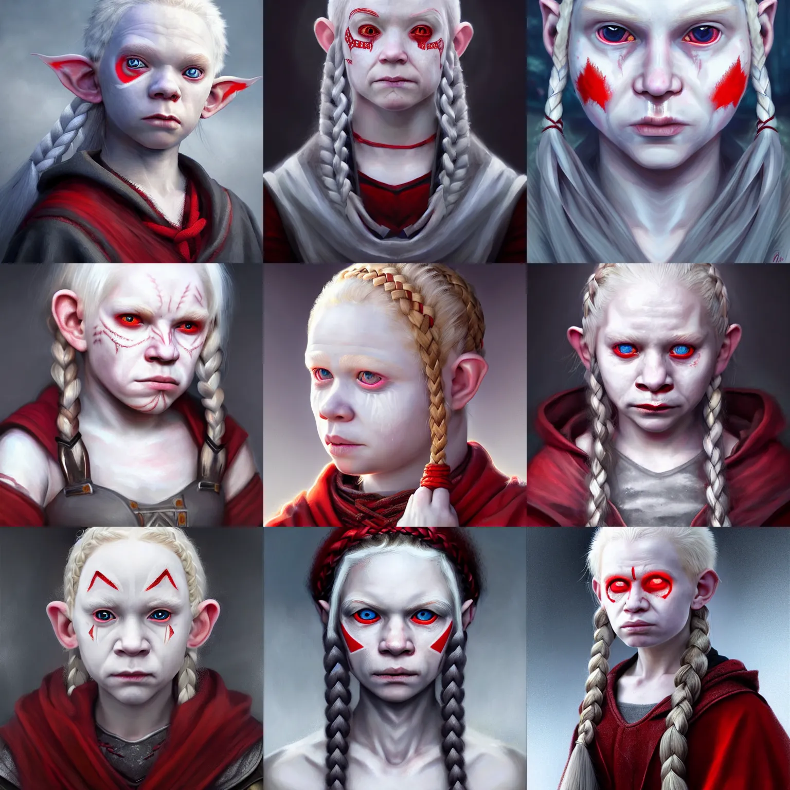 Prompt: realistic portrait of a young albino female halfling with red! - eyes - iris and white! braided hair and a grey cloak and geometric facial tattoos!!!! painted dan gerhartz, haunted and sad expression, artstation, cinematic lighting, hyper - detailed 8 k