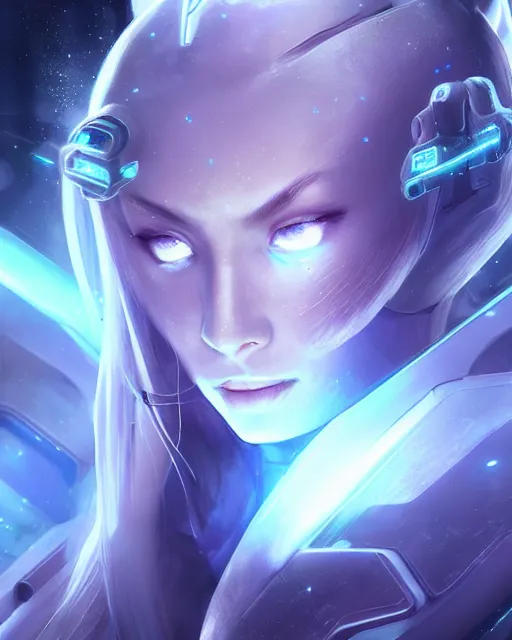 Image similar to perfect android girl on a mothership, warframe armor, beautiful face, scifi, futuristic, galaxy, nebula, raytracing, dreamy, long white hair, blue cyborg eyes, sharp focus, cinematic lighting, highly detailed, artstation, divine, by gauthier leblanc, kazuya takahashi, huifeng huang