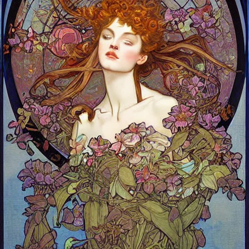 Prompt: romantic painted portrait of halo by james jean, mucha