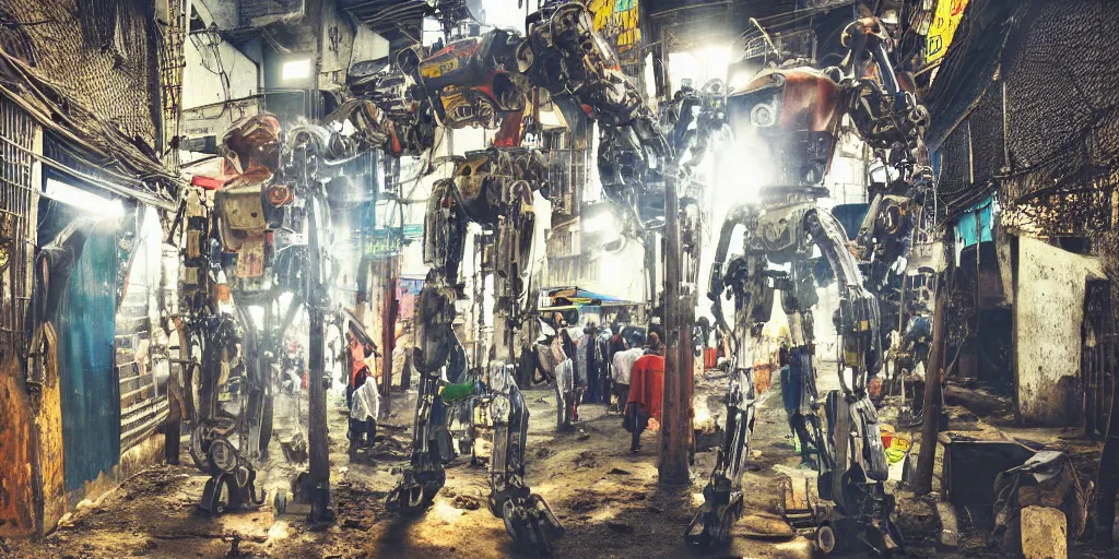 Prompt: mecha ROBOT of AJEGUNLE SLUMS of Lagos inside african JESUS CHRIST about AESTHETICS surrounding large UFO within NEON ray of light, photographed by Martha Cooper, Golden Hour light, analogue photo